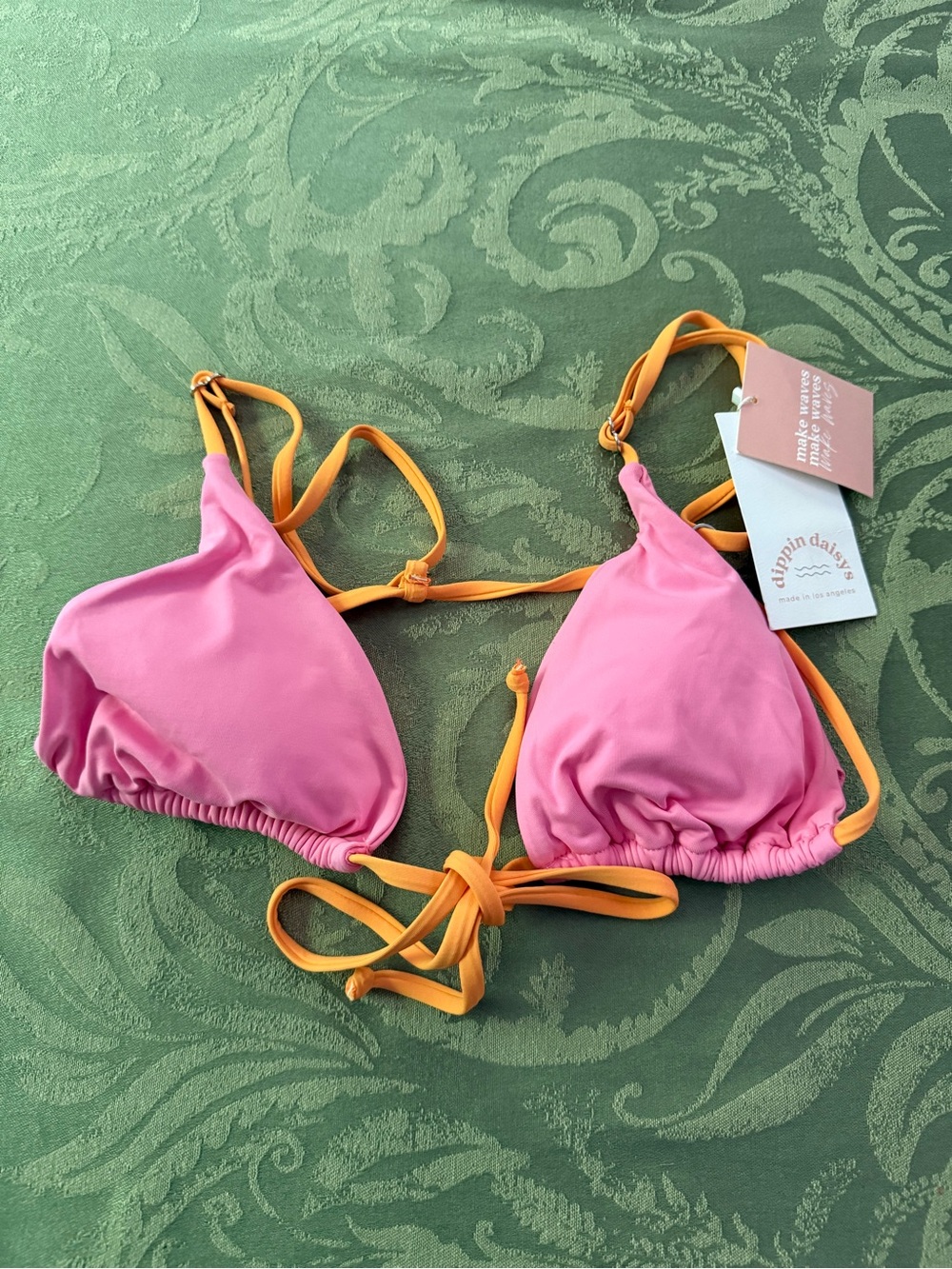 Dippin Daiseys Pink Triangle Bikini Top with Orange Trim size M NWT